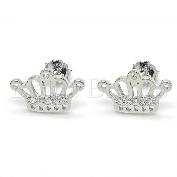 Sterling Silver 02.336.0002 Stud Earring, Crown Design, with White Cubic Zirconia, Polished Finish, Rhodium Tone