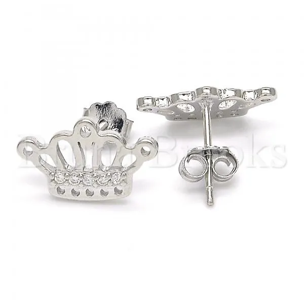 Sterling Silver 02.336.0002 Stud Earring, Crown Design, with White Cubic Zirconia, Polished Finish, Rhodium Tone