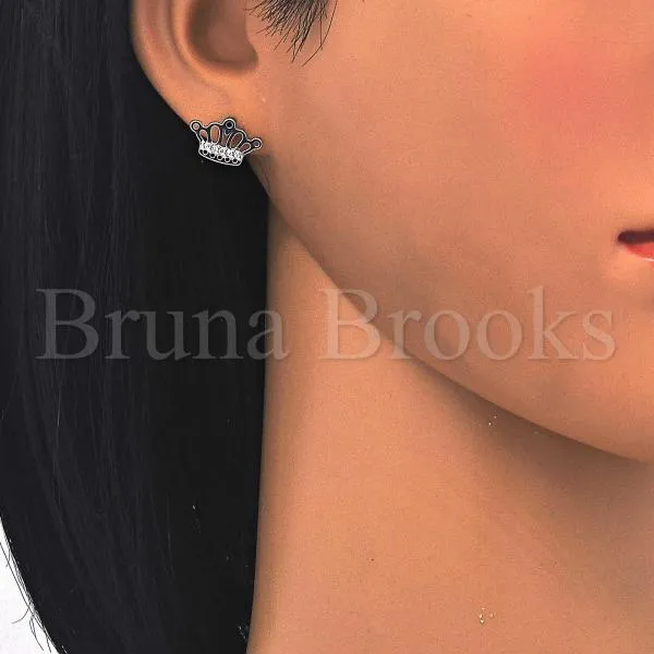Sterling Silver 02.336.0002 Stud Earring, Crown Design, with White Cubic Zirconia, Polished Finish, Rhodium Tone