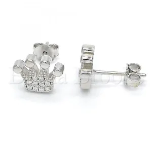 Sterling Silver 02.336.0048 Stud Earring, Crown Design, with White Crystal, Polished Finish, Rhodium Tone