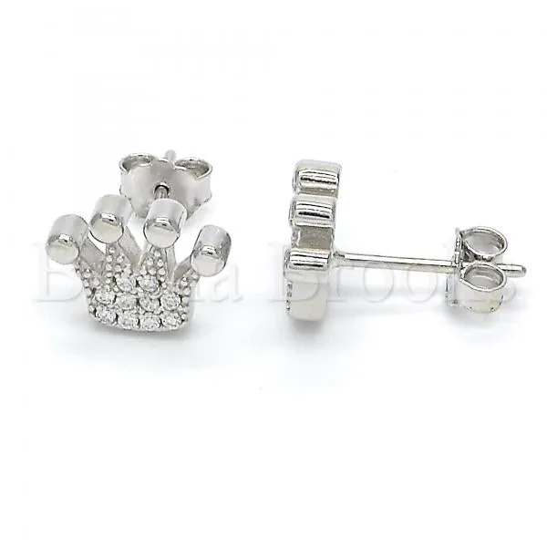 Sterling Silver 02.336.0048 Stud Earring, Crown Design, with White Crystal, Polished Finish, Rhodium Tone