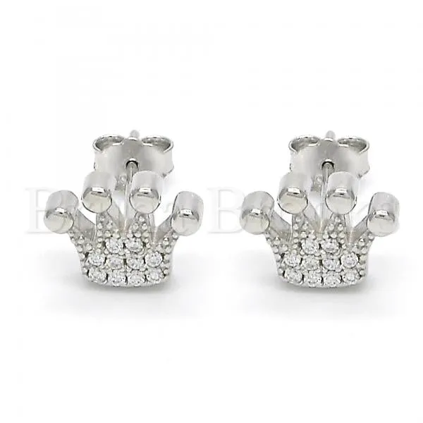 Sterling Silver 02.336.0048 Stud Earring, Crown Design, with White Crystal, Polished Finish, Rhodium Tone
