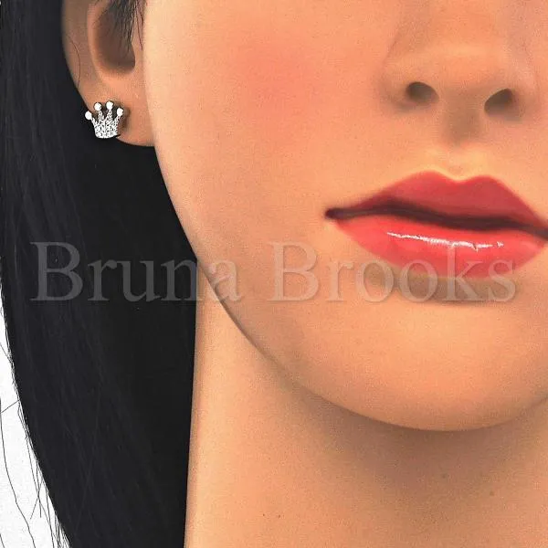 Sterling Silver 02.336.0048 Stud Earring, Crown Design, with White Crystal, Polished Finish, Rhodium Tone