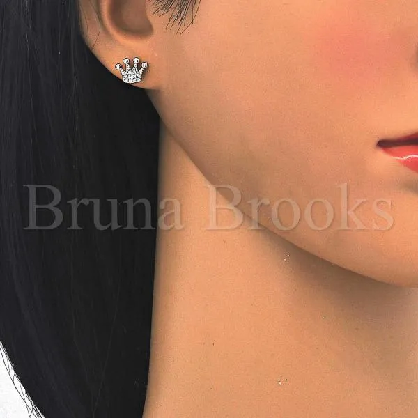 Sterling Silver 02.336.0048 Stud Earring, Crown Design, with White Crystal, Polished Finish, Rhodium Tone