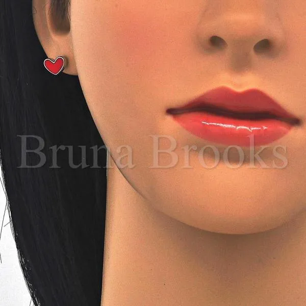 Sterling Silver 02.336.0070 Stud Earring, Heart Design, Red Enamel Finish, Rhodium Tone