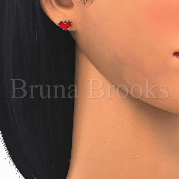 Sterling Silver 02.336.0070 Stud Earring, Heart Design, Red Enamel Finish, Rhodium Tone