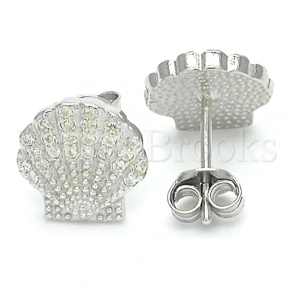 Sterling Silver 02.336.0087 Stud Earring, Shell Design, with White Crystal, Polished Finish, Rhodium Tone