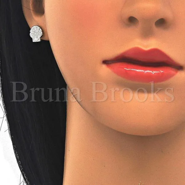 Sterling Silver 02.336.0087 Stud Earring, Shell Design, with White Crystal, Polished Finish, Rhodium Tone