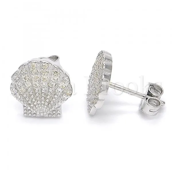 Sterling Silver 02.336.0087 Stud Earring, Shell Design, with White Crystal, Polished Finish, Rhodium Tone