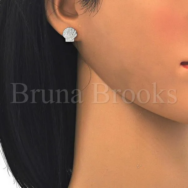 Sterling Silver 02.336.0087 Stud Earring, Shell Design, with White Crystal, Polished Finish, Rhodium Tone