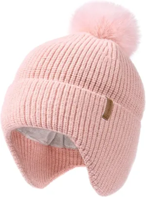 Toddler Baby Winter Hat Warm Fleece Lined Knit Kids Hat with Earflap Infant Newborn Pom Pom Beanie Knit Cap Girls Boys