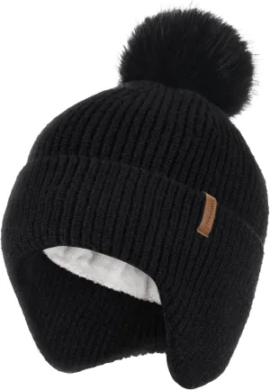 Toddler Baby Winter Hat Warm Fleece Lined Knit Kids Hat with Earflap Infant Newborn Pom Pom Beanie Knit Cap Girls Boys