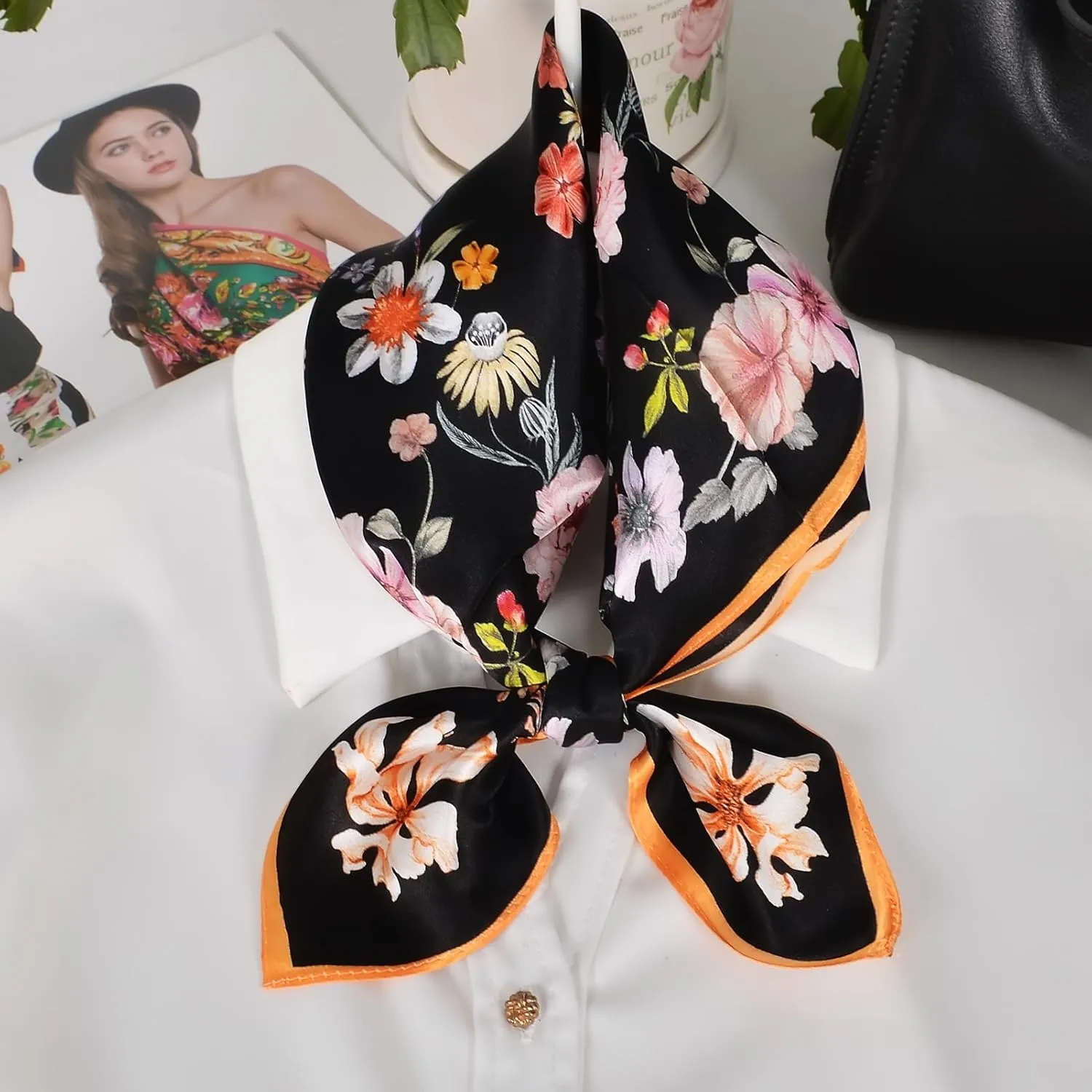 Women 100% Mulberry Silk Neck Scarf Lightweight Digital Print Small Square Scarfs- Neckerchief Gift Packing 21"*21"