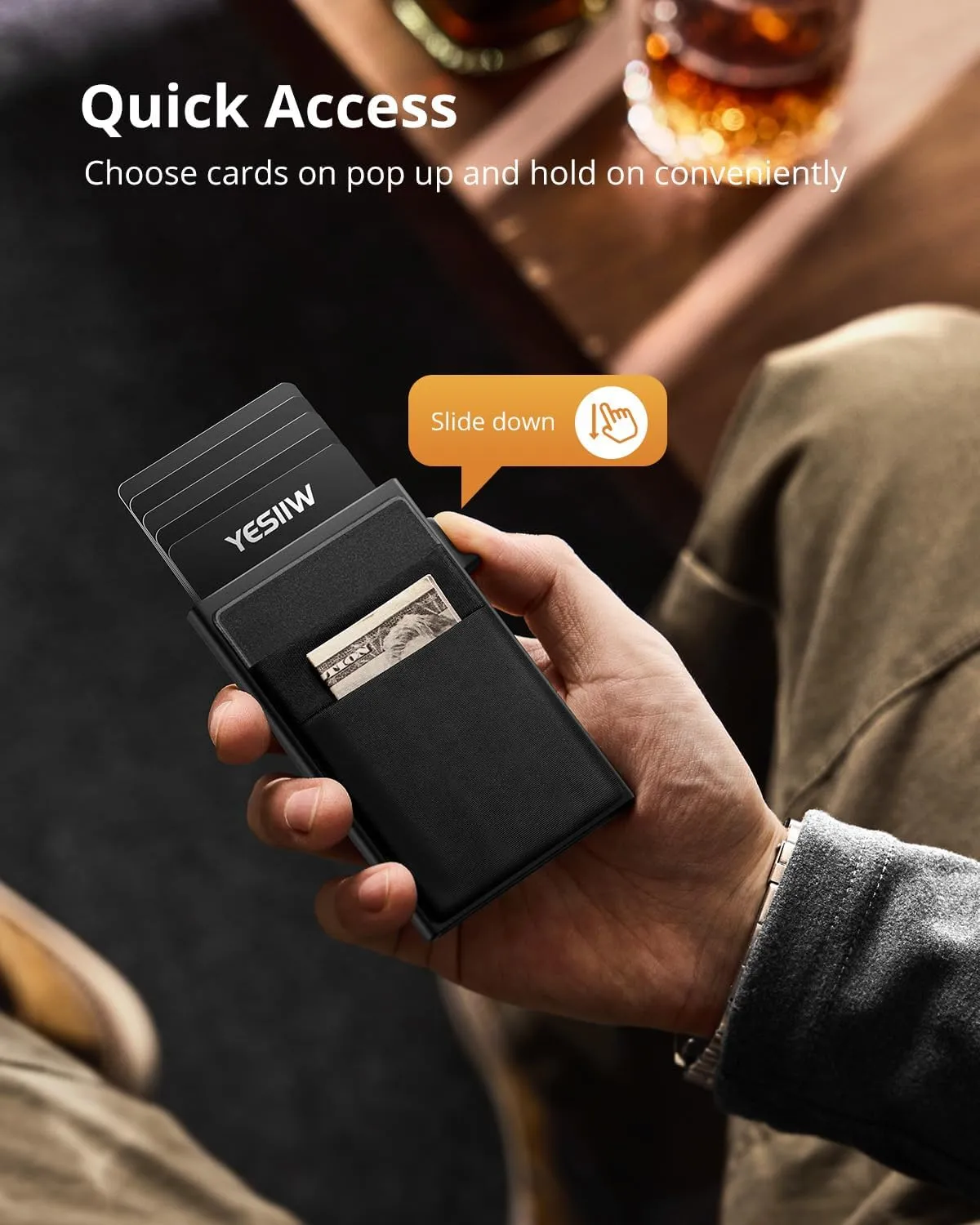 YESIIW Ultra-slim Wallet for Men - Pop up Card Holder Mens Wallet with RFID Protection Minimalist Metal Wallets Billeteras de Hombres Gifts for Men Dad Husband Boyfriend Black